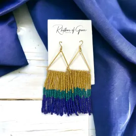 Boho Beaded Earrings - Boho Earrings, Bohemian Style, Kentucky Derby, Beaded Accessories, Handmade Jewelry, Boho Chic, Blue and Gold, Beads