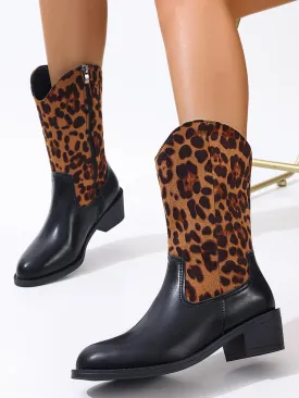 Leopard Patchwork Block Heel Mid-Calf Boots