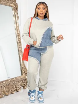 2 Pcs Denim Patchwork Long Sleeve Set