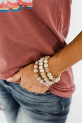 3 Layer Beaded Stretch Bracelet Set- Pink, White, & Gold