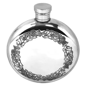 6oz Round Pewter Hip Flask with Scottish Thistle Design