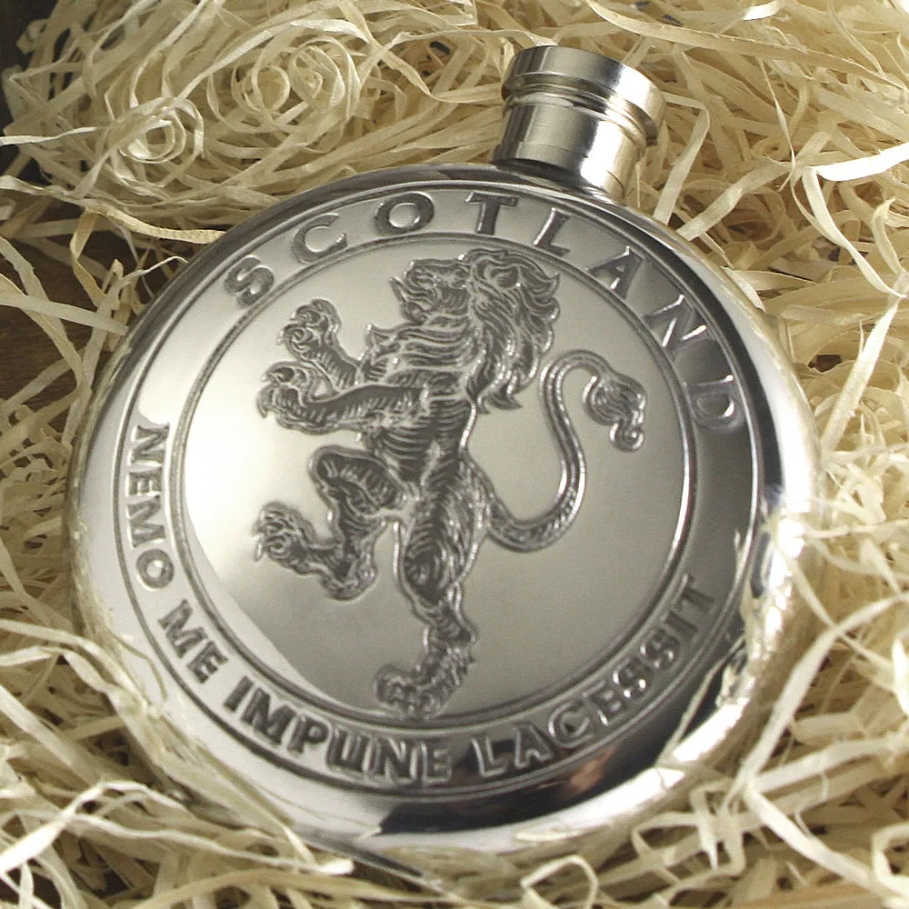 6oz Scottish Rampant Lion Round Pewter Hip Flask