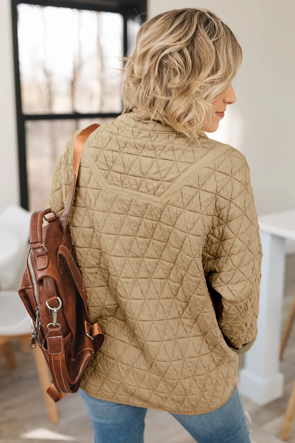 Beige Drop Shoulder Quilted Patchwork Kangaroo Pocket Hoodie