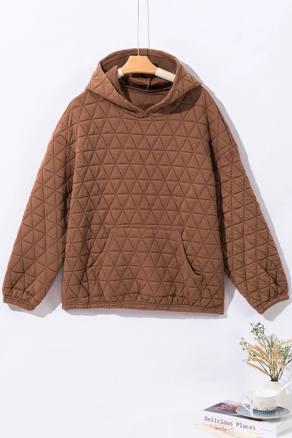 Beige Drop Shoulder Quilted Patchwork Kangaroo Pocket Hoodie