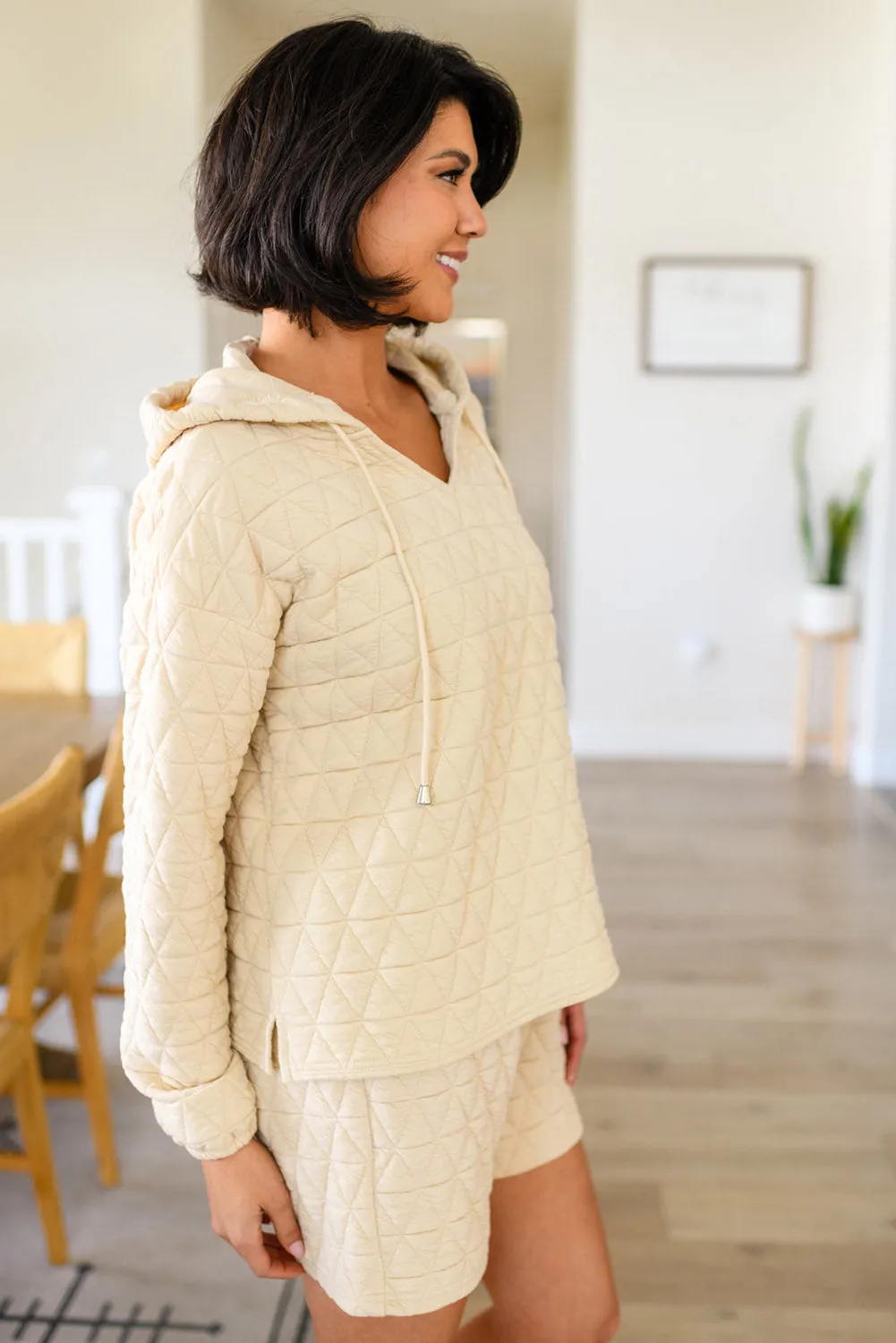 Beige Drop Shoulder Quilted Patchwork Kangaroo Pocket Hoodie