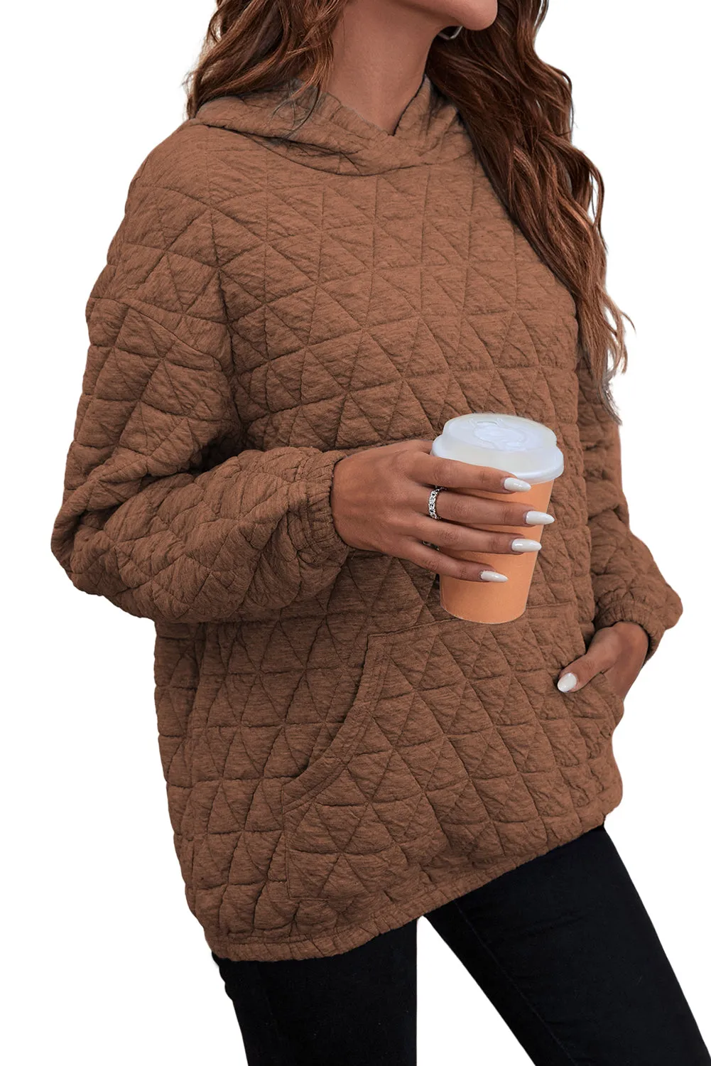 Beige Drop Shoulder Quilted Patchwork Kangaroo Pocket Hoodie