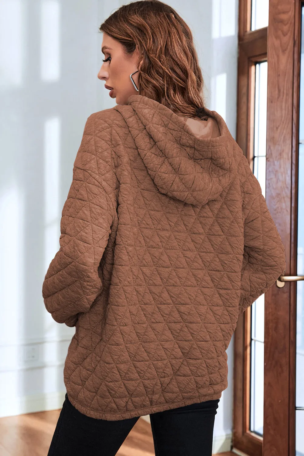 Beige Drop Shoulder Quilted Patchwork Kangaroo Pocket Hoodie