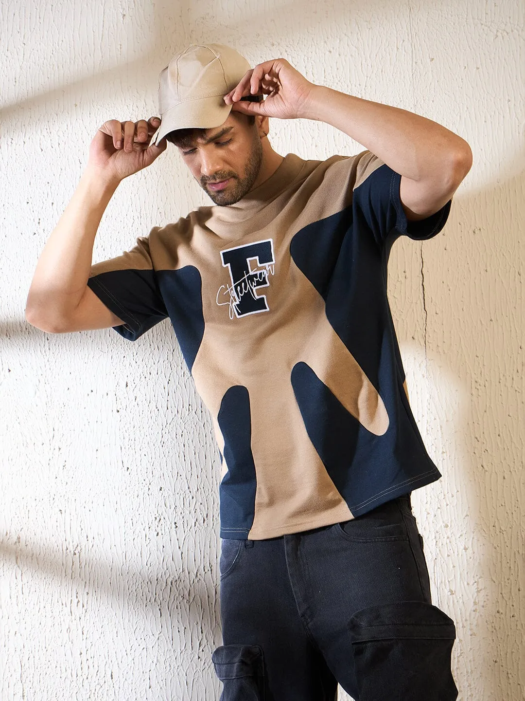 Biege & Navy Cut & Sew Oversized Tshirt