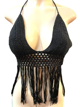 Black Crochet Fringy Halter Top