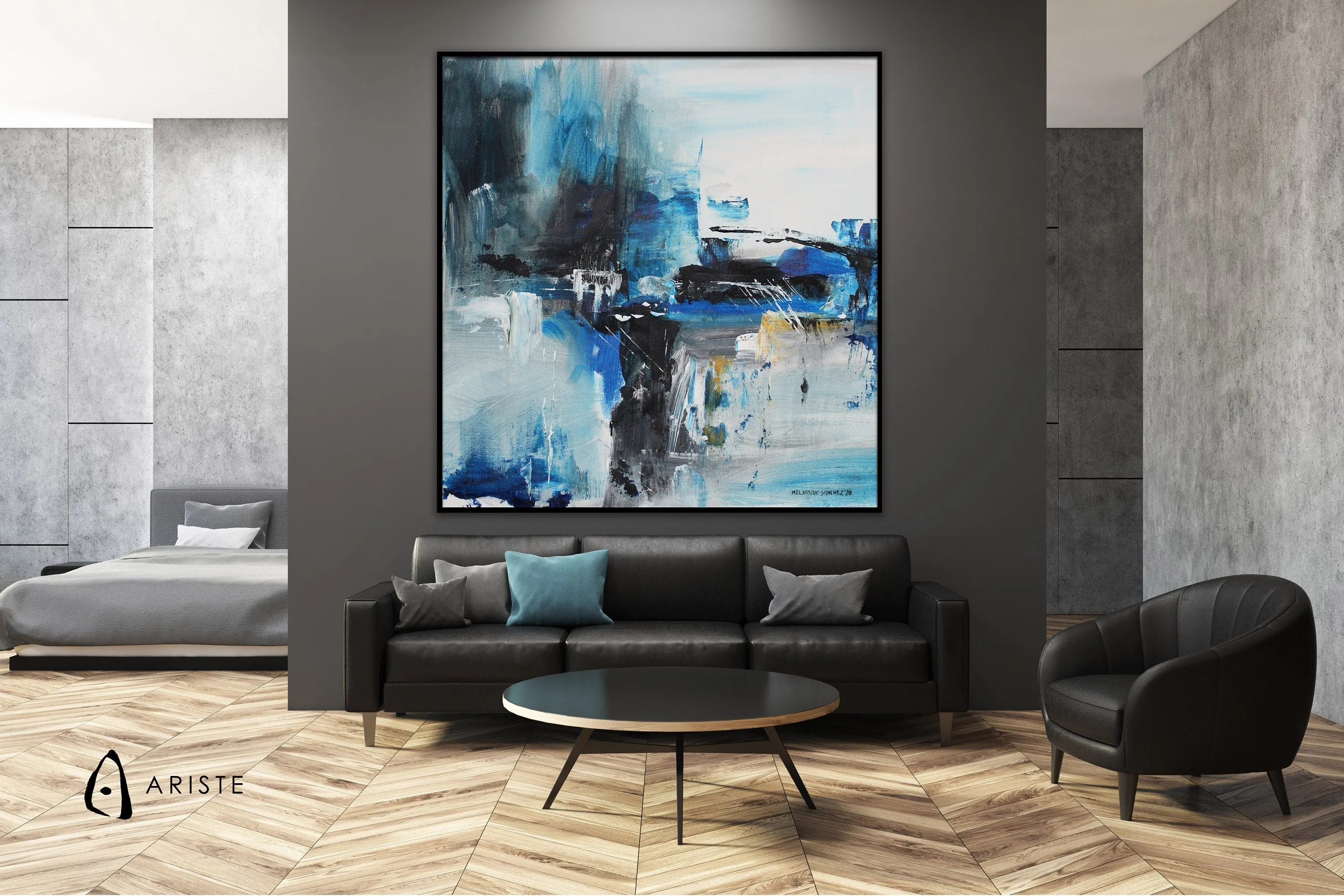 Blue & black abstract oversize wall art made to order in a custom size