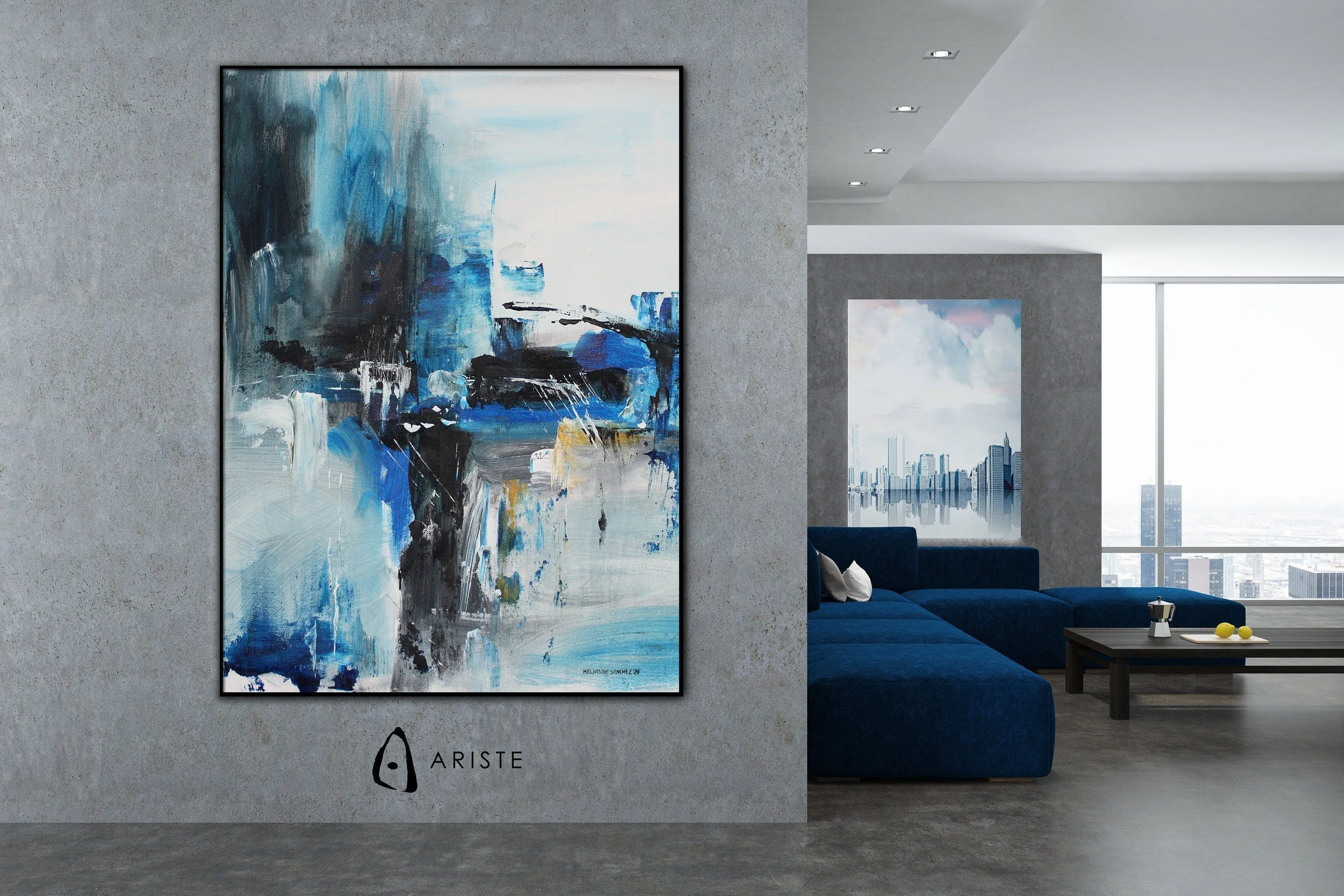 Blue & black abstract oversize wall art made to order in a custom size