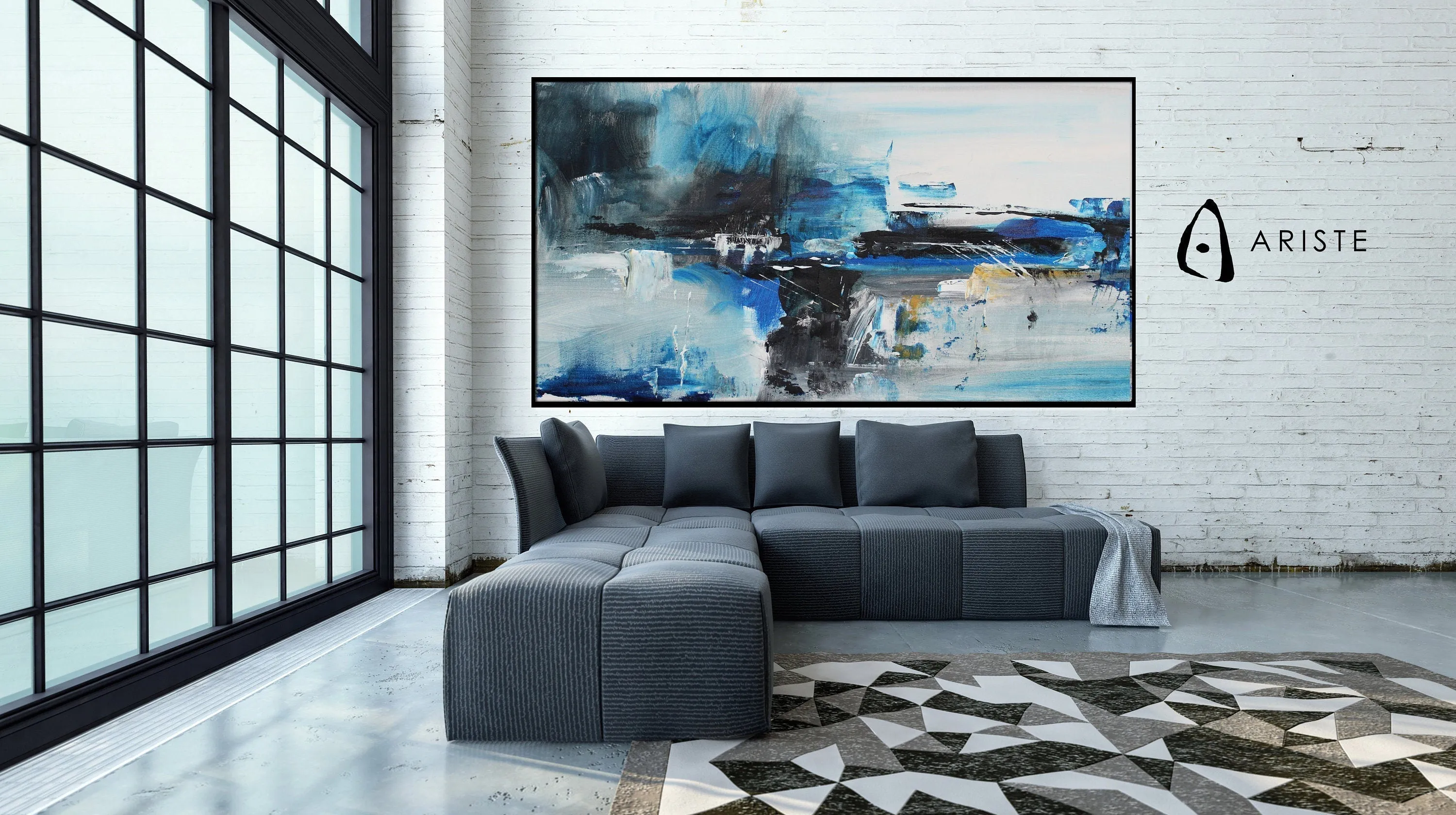 Blue & black abstract oversize wall art made to order in a custom size