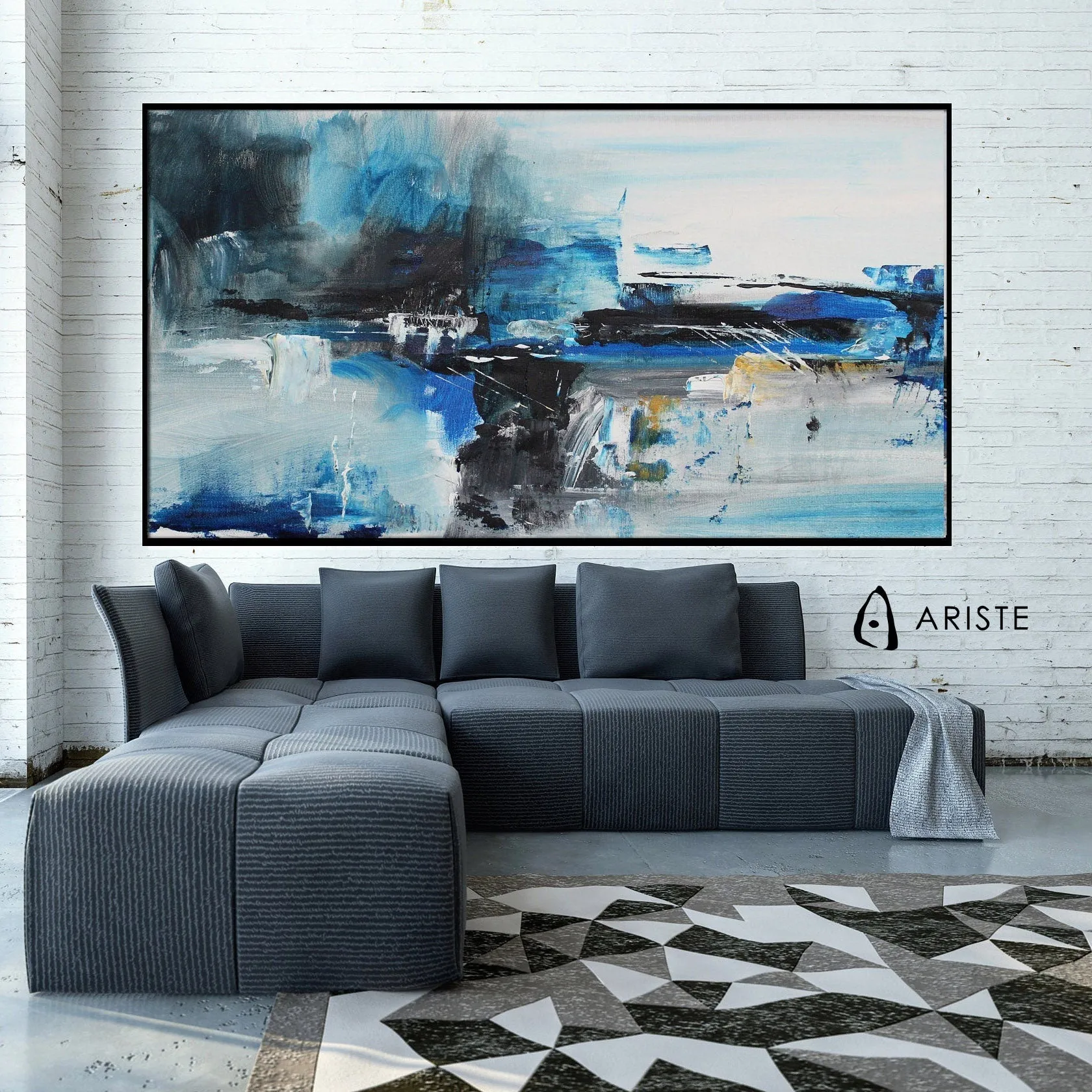 Blue & black abstract oversize wall art made to order in a custom size