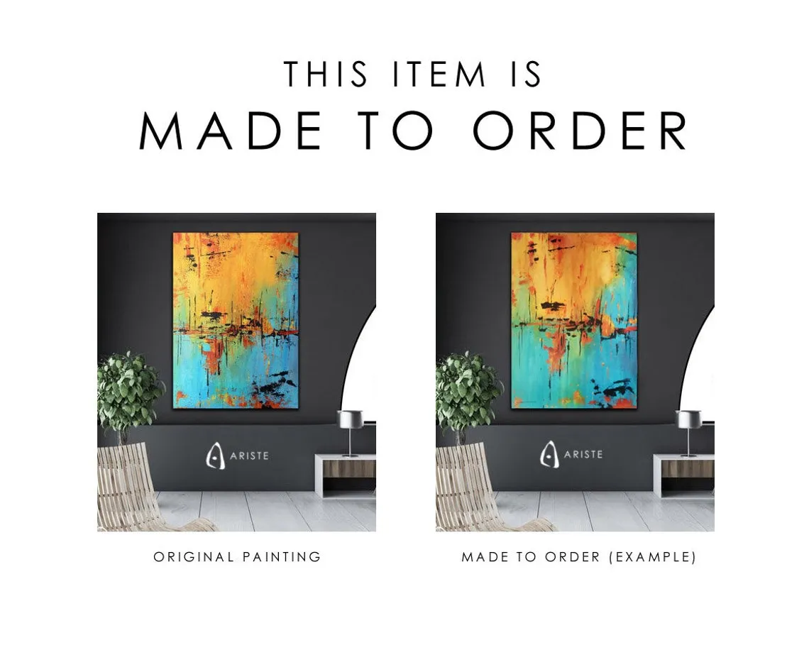 Blue & orange large abstract paintings made to order in a custom size