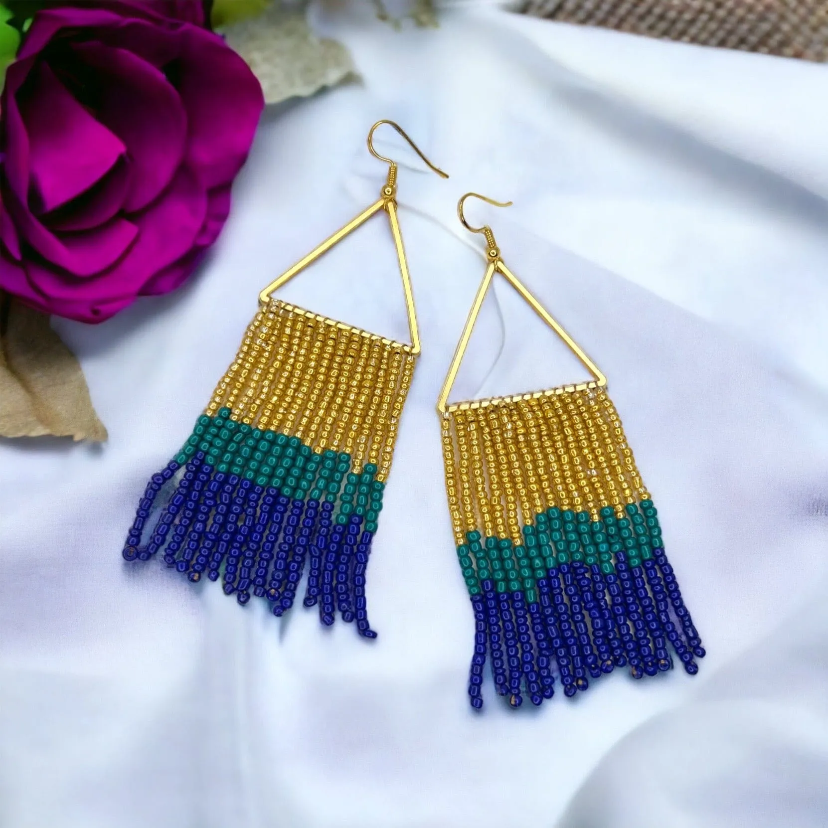 Boho Beaded Earrings - Boho Earrings, Bohemian Style, Kentucky Derby, Beaded Accessories, Handmade Jewelry, Boho Chic, Blue and Gold, Beads