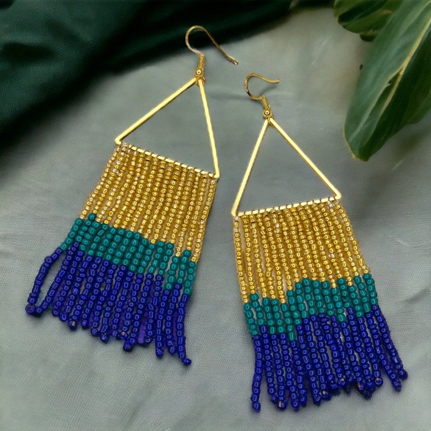 Boho Beaded Earrings - Boho Earrings, Bohemian Style, Kentucky Derby, Beaded Accessories, Handmade Jewelry, Boho Chic, Blue and Gold, Beads