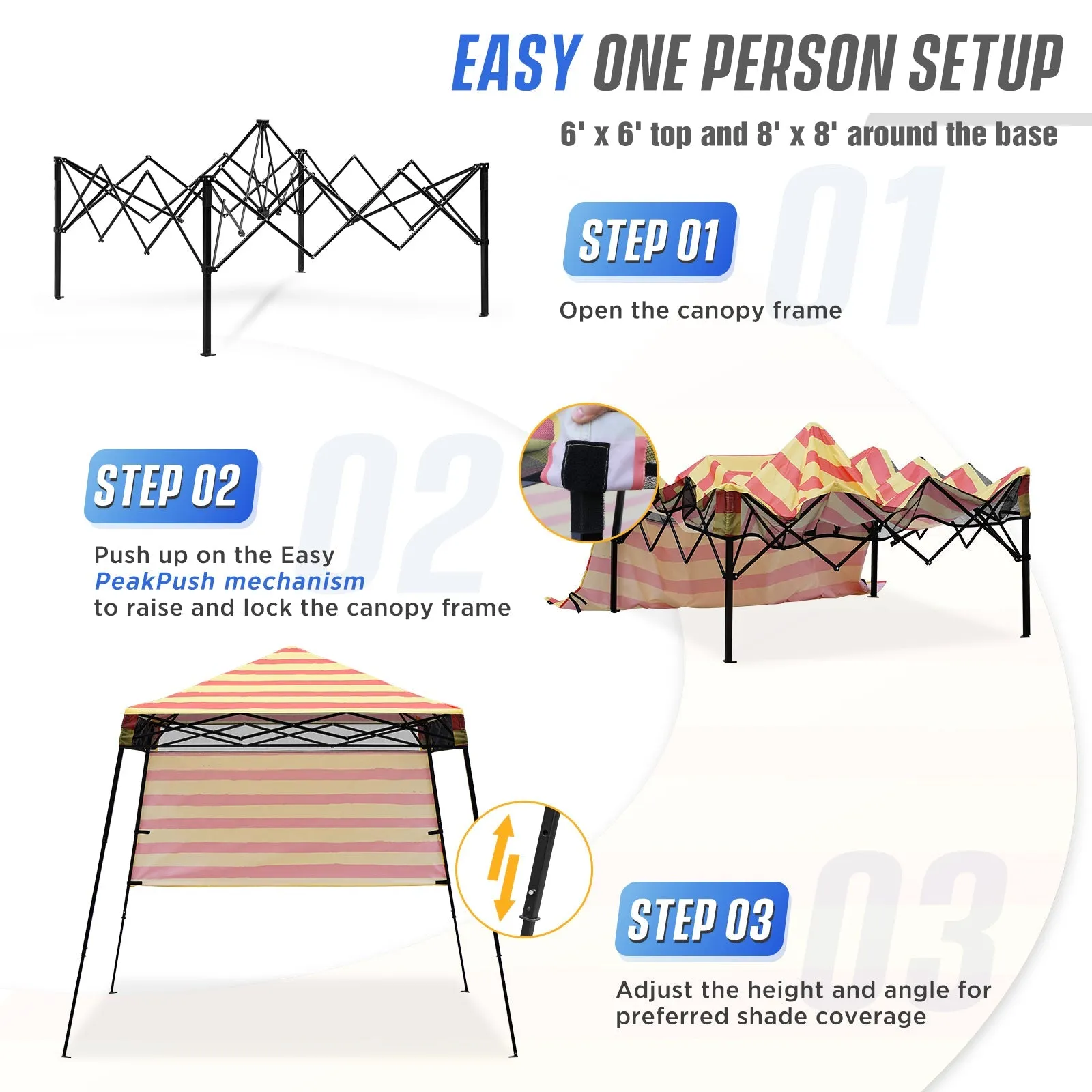 Eagle Peak SHADE GRAPHiX Day Tripper 8x8 Pop Up Canopy Tent with Digital Printed Orange Yellow Stripe Top