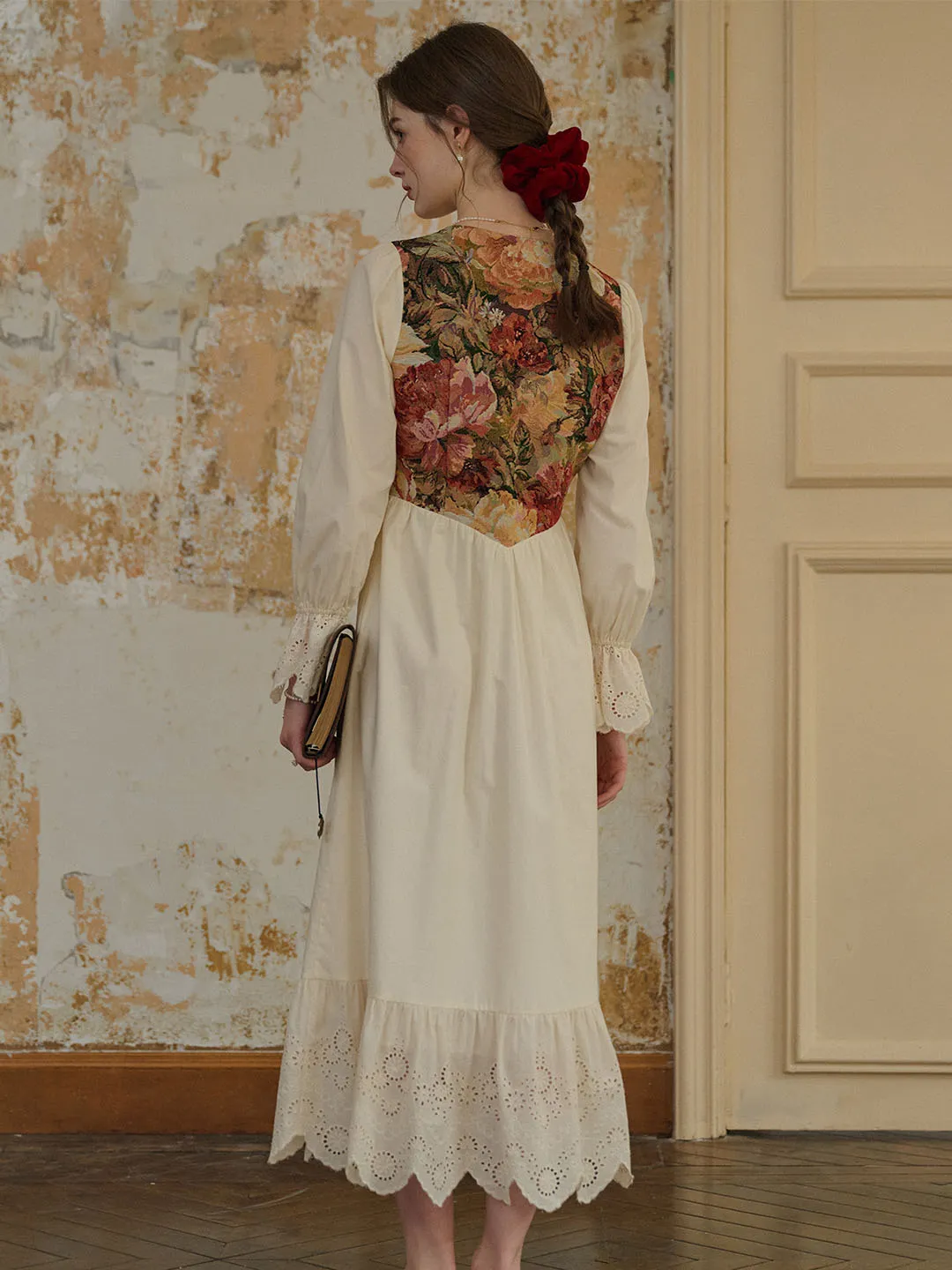 June Contrast Square Neck Lace Patchwork Dress