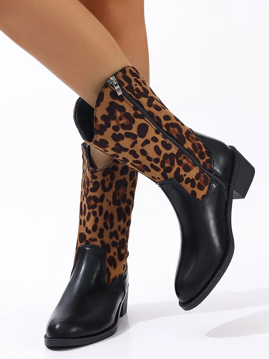 Leopard Patchwork Block Heel Mid-Calf Boots