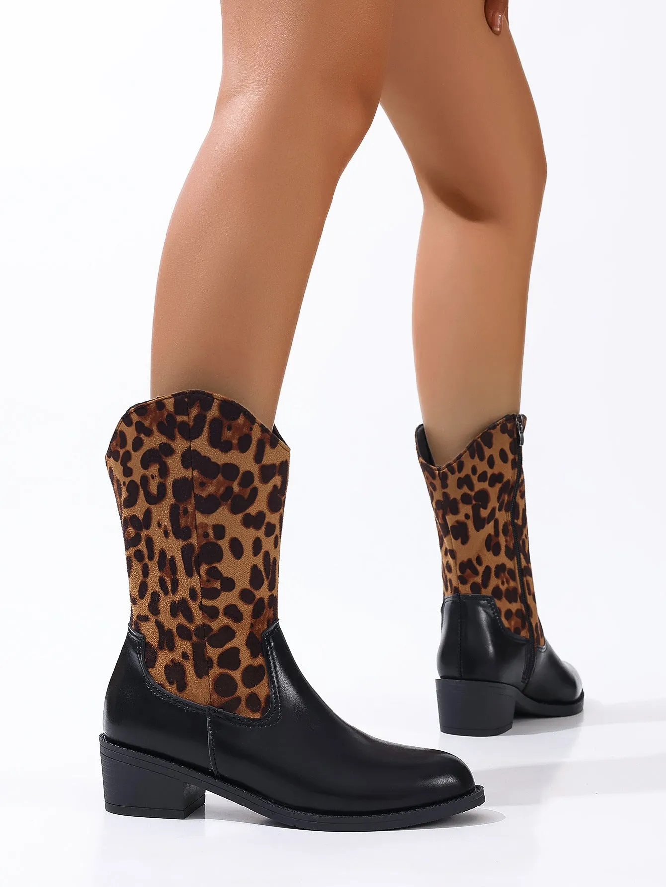 Leopard Patchwork Block Heel Mid-Calf Boots