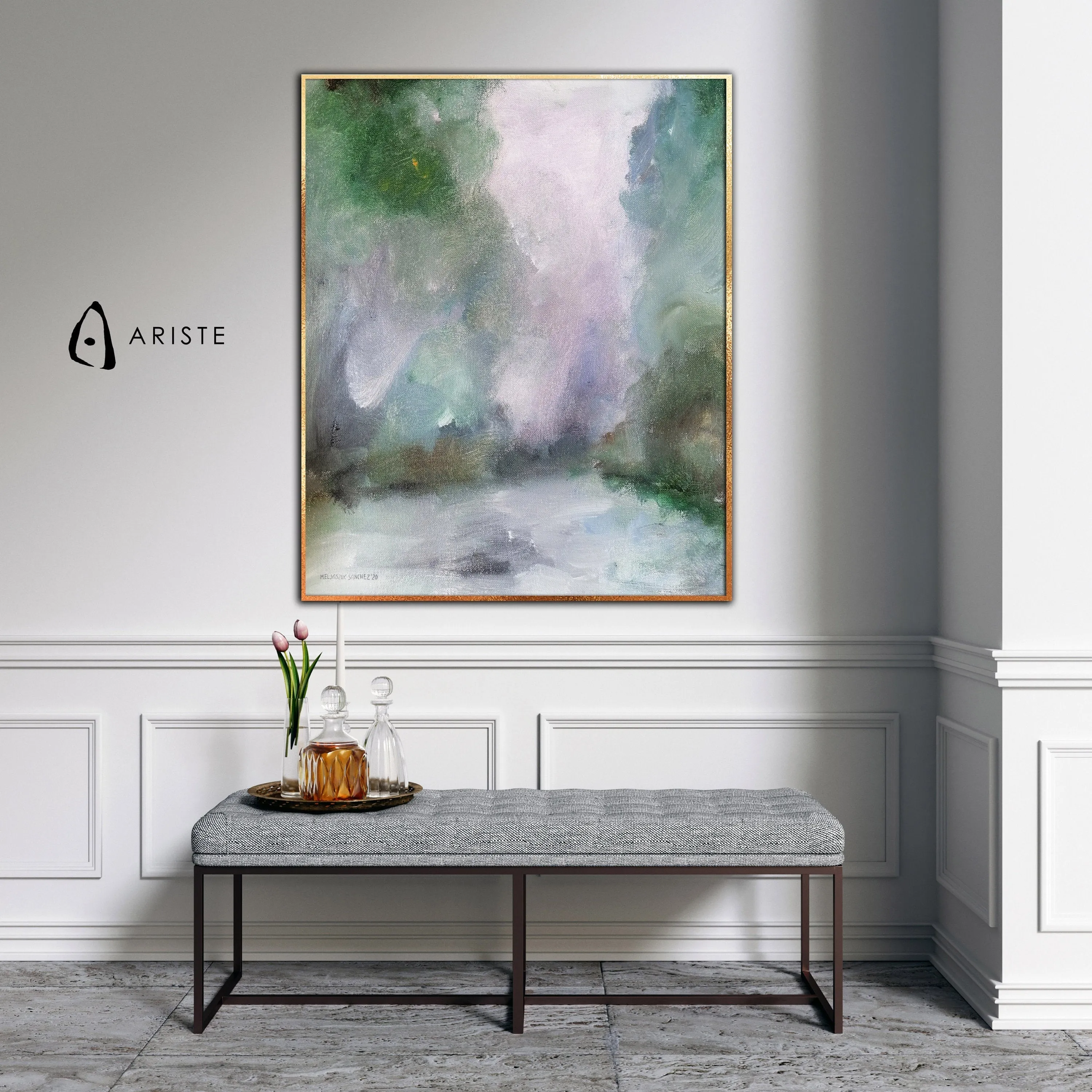 Neutral & green oversized abstract landscape wall art made to order in a custom size