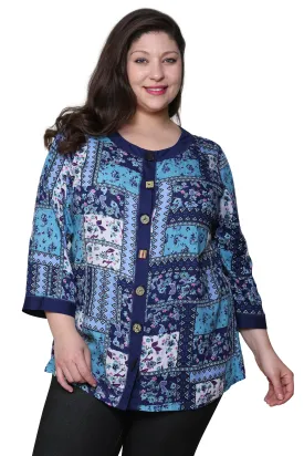 Plus Size La Cera Blue Patchwork Top