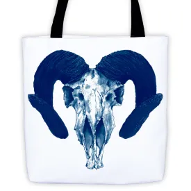 Ram Skull Concave Turned Horns Blue Ink Tote Bag by Robert Bowen