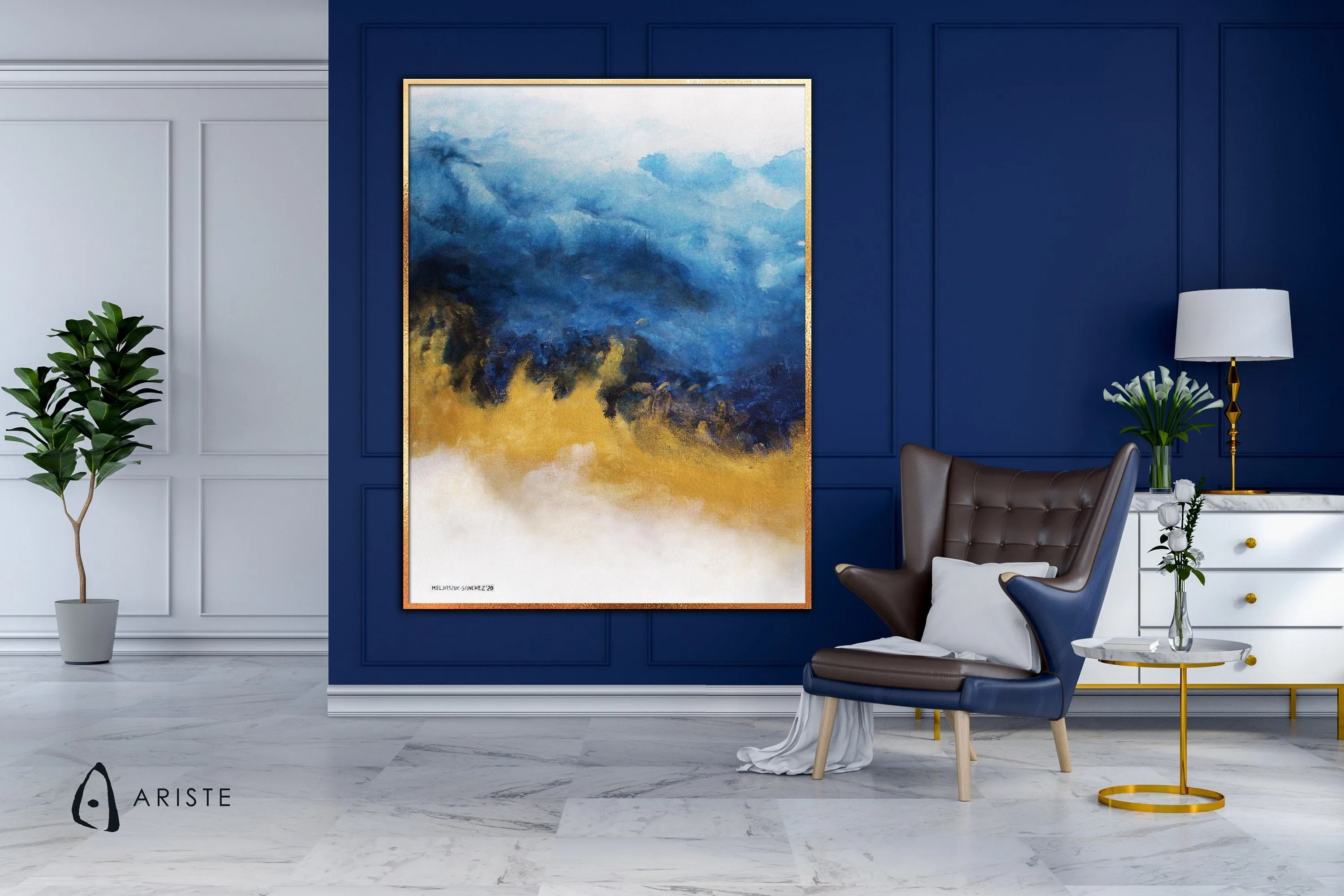 Sapphire blue & gold fluid art painting made to order in a custom size