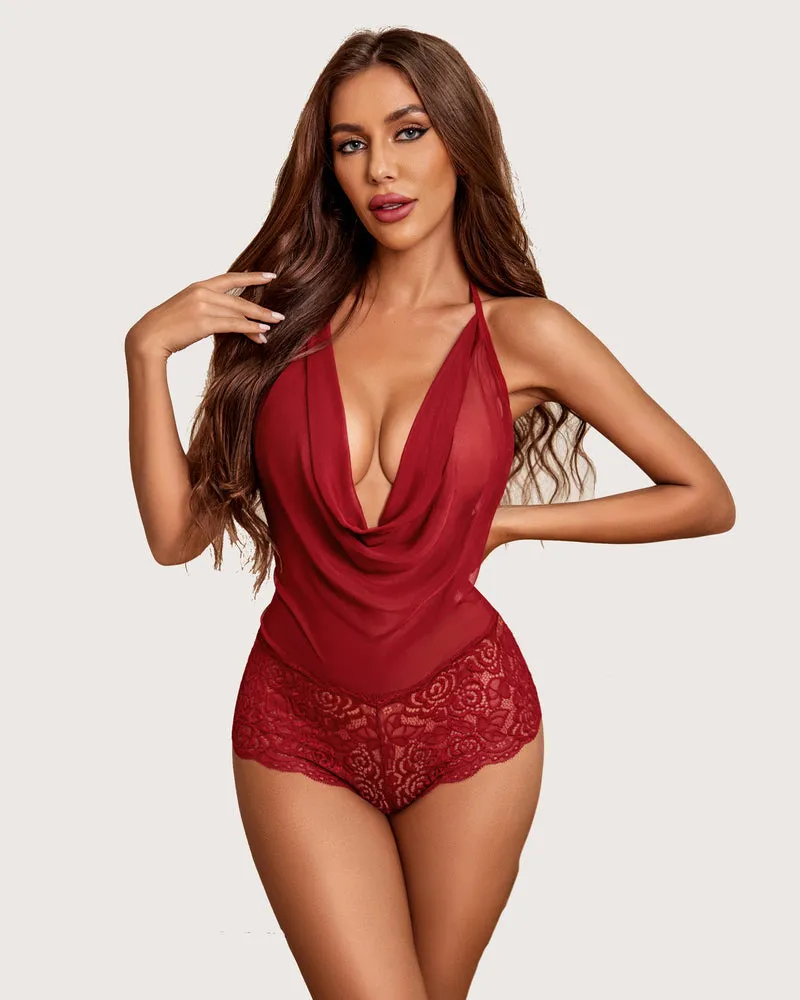 Sheer Lace Halter V Neck Bodysuit