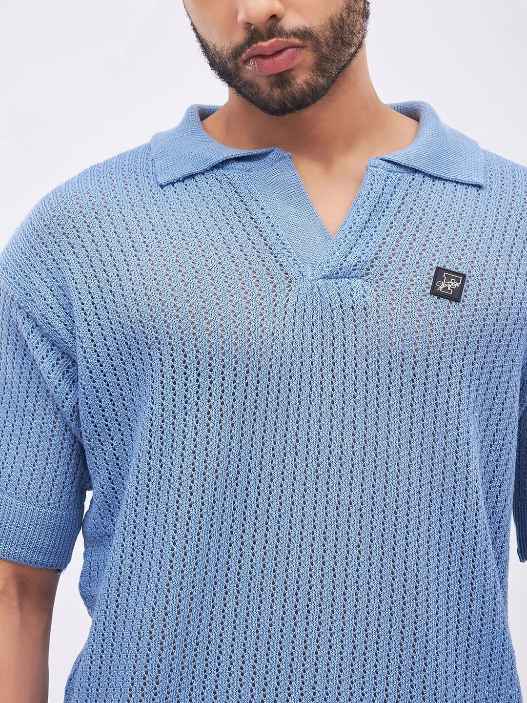 Sky Blue Textured Knit Polo T-Shirt