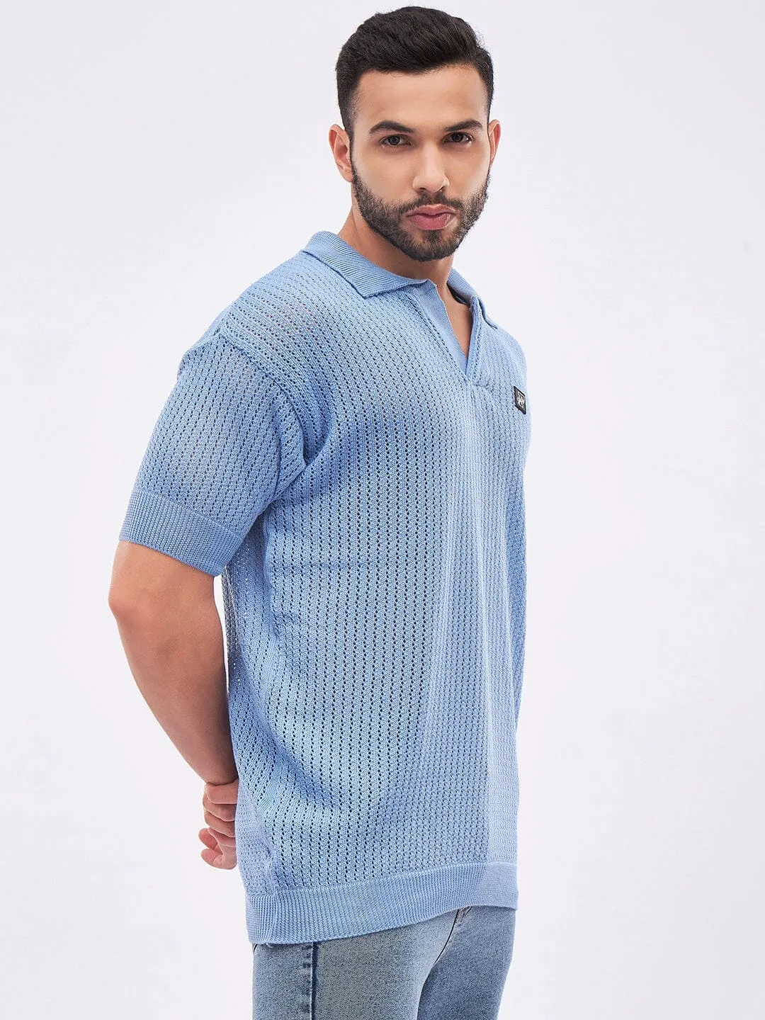 Sky Blue Textured Knit Polo T-Shirt