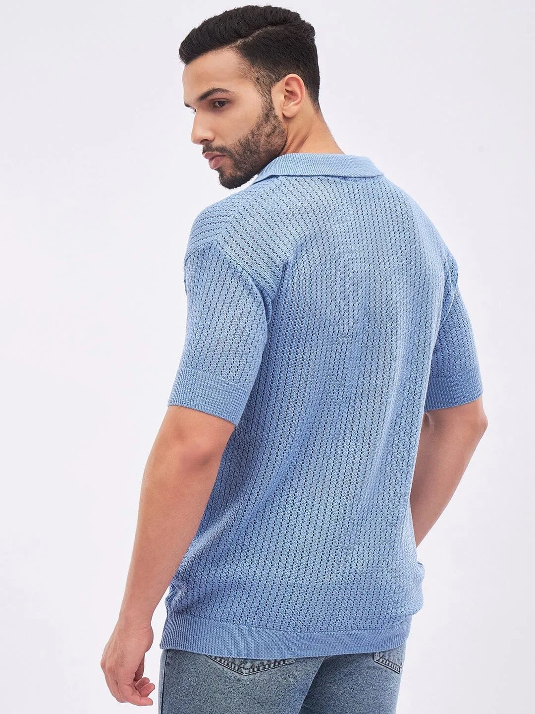 Sky Blue Textured Knit Polo T-Shirt