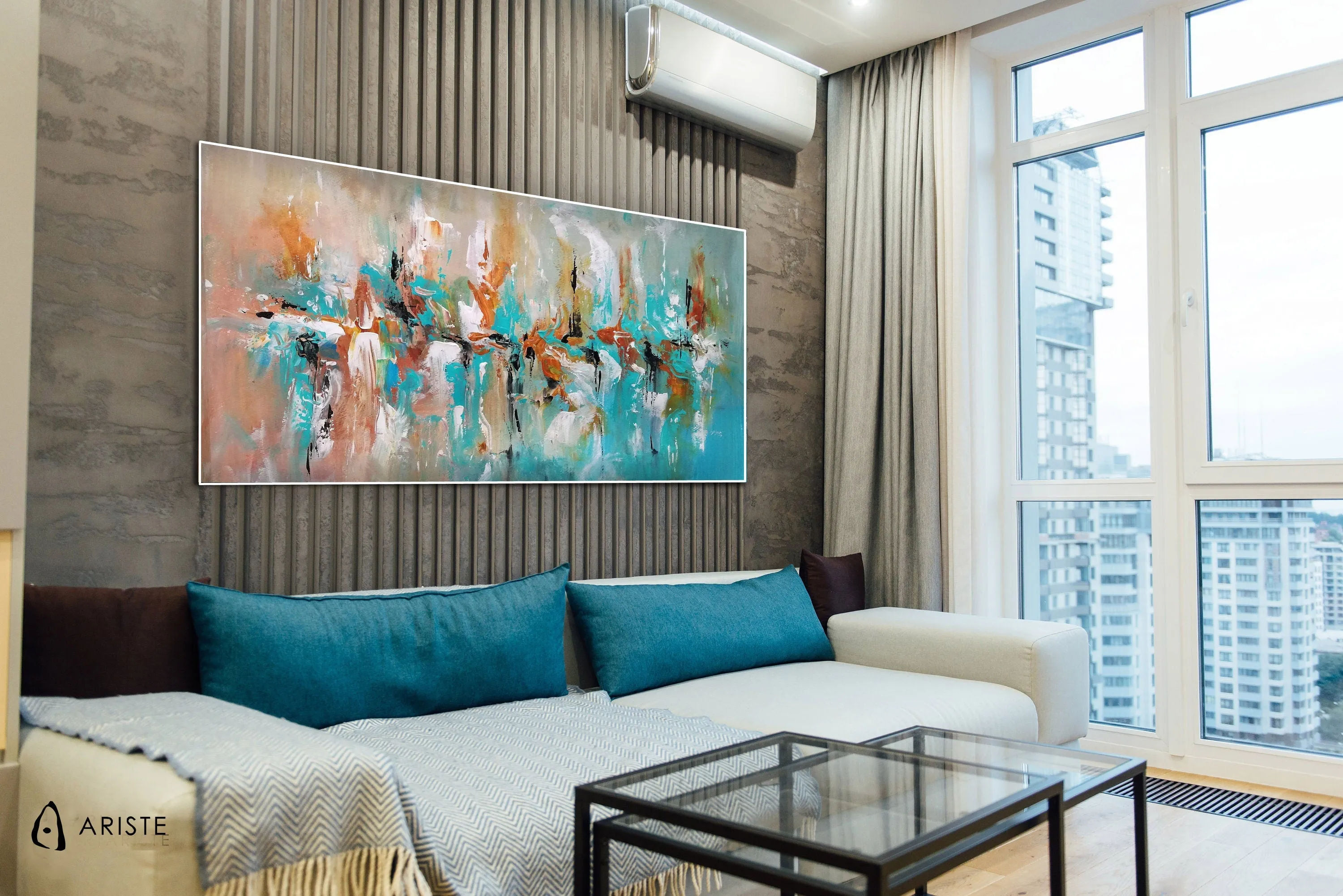 Teal & orange abstract oversized wall art made to order in a custom size