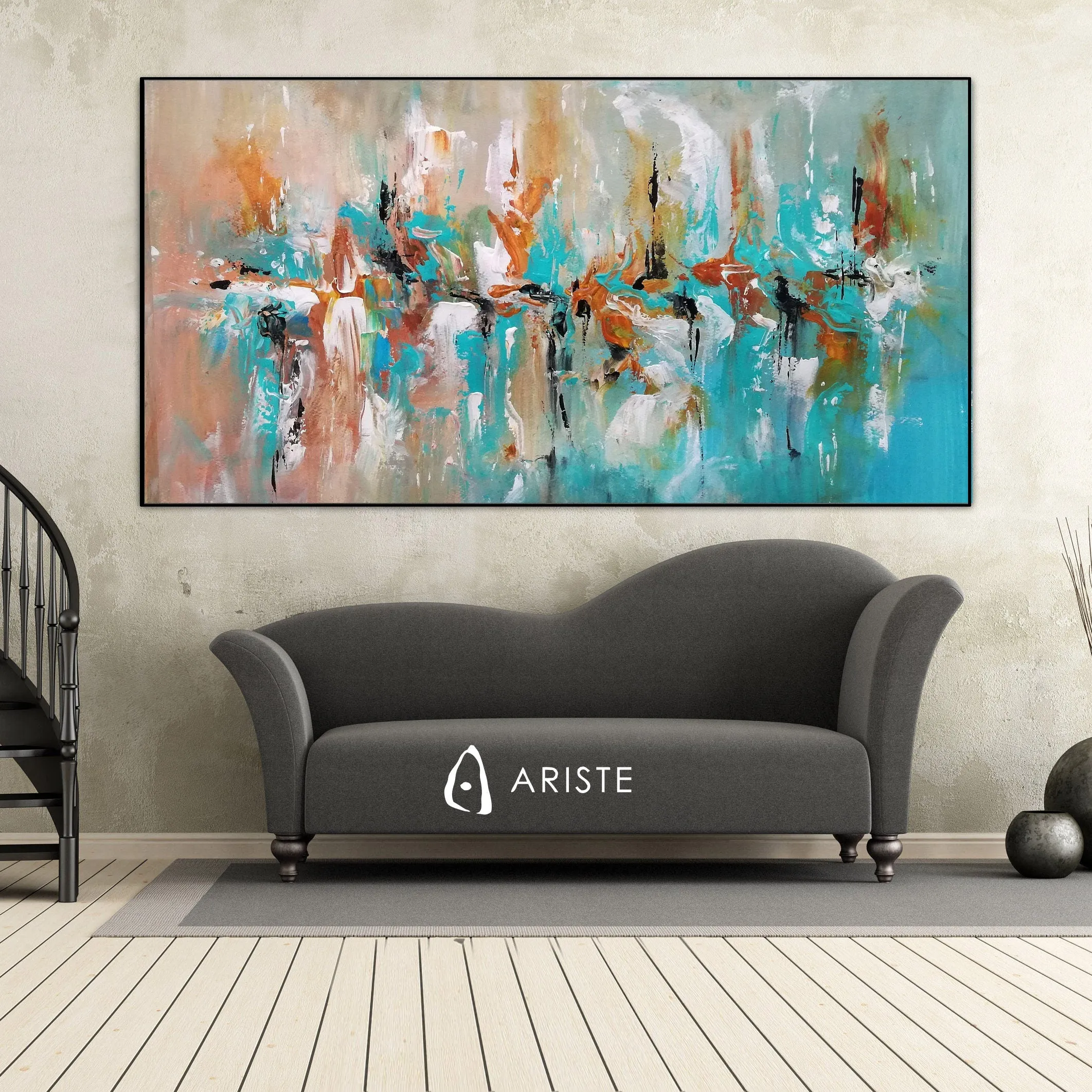 Teal & orange abstract oversized wall art made to order in a custom size