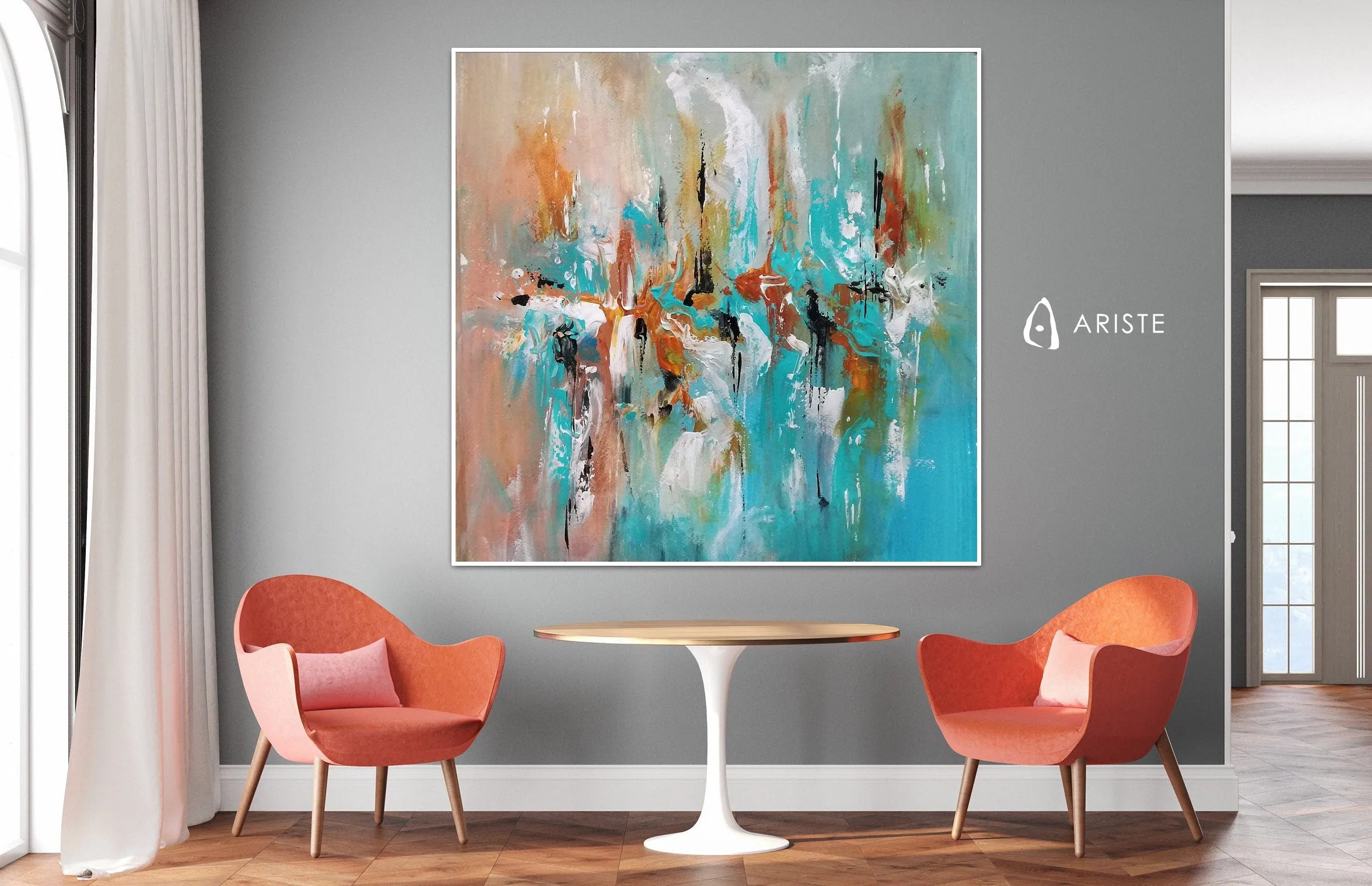 Teal & orange abstract oversized wall art made to order in a custom size