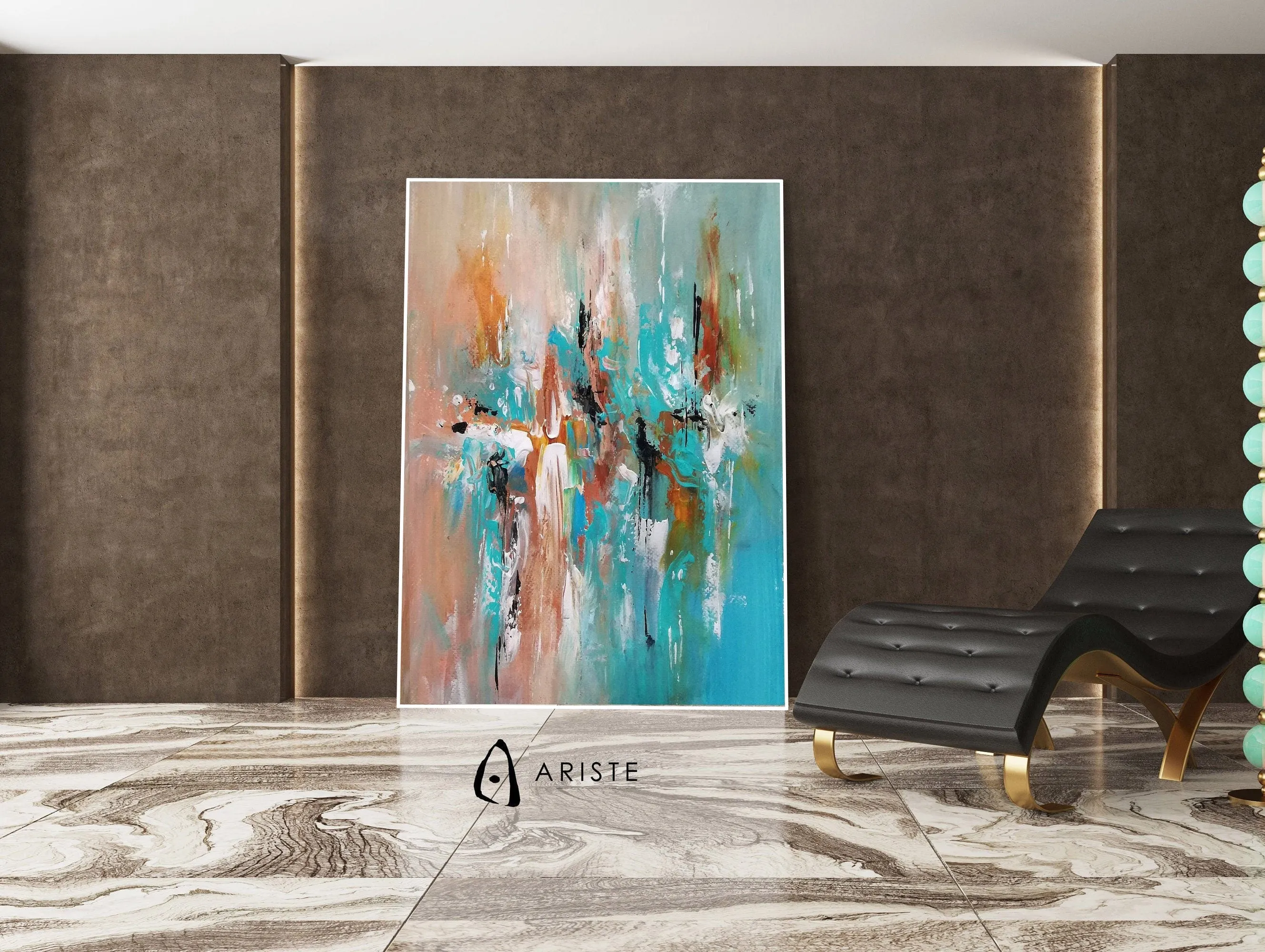 Teal & orange abstract oversized wall art made to order in a custom size